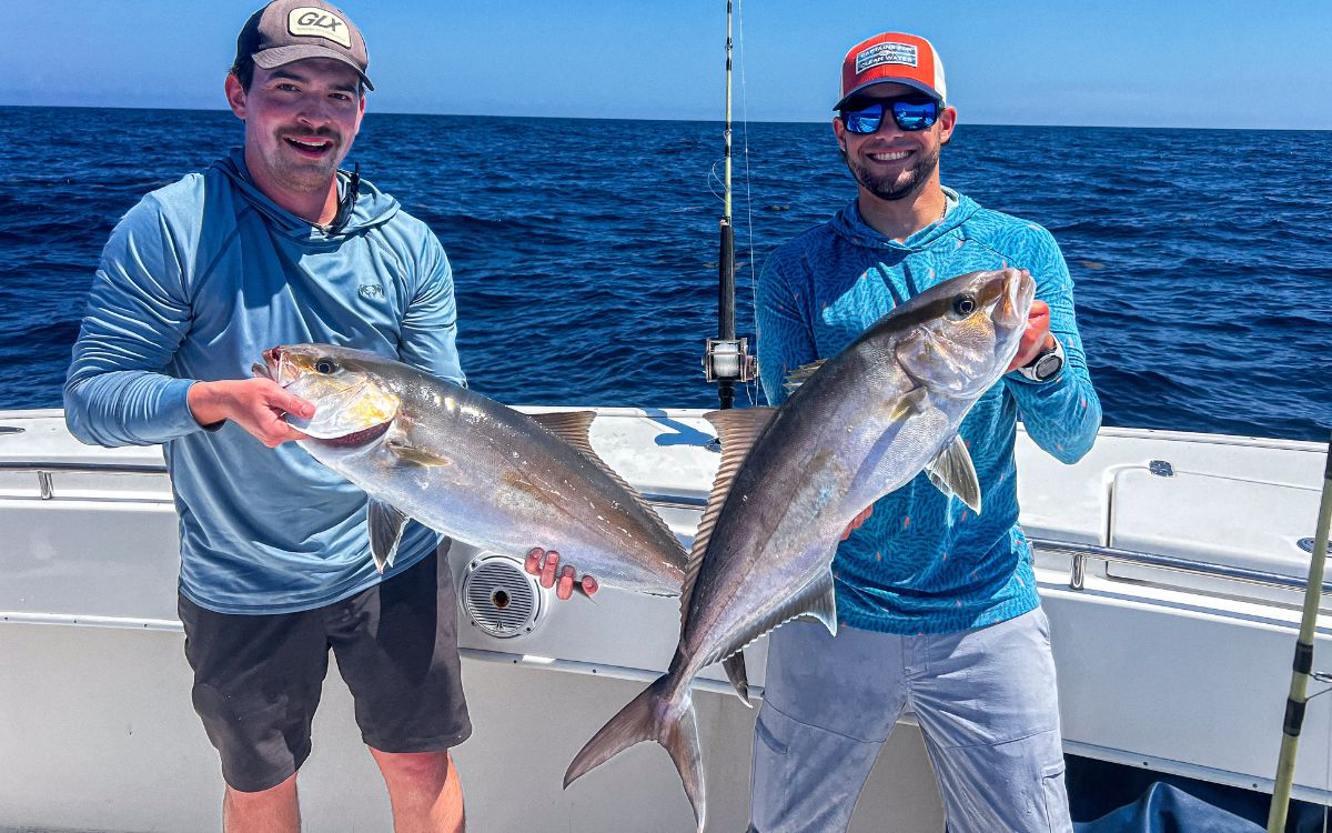 The author and a member of the crew hoist two amberjack