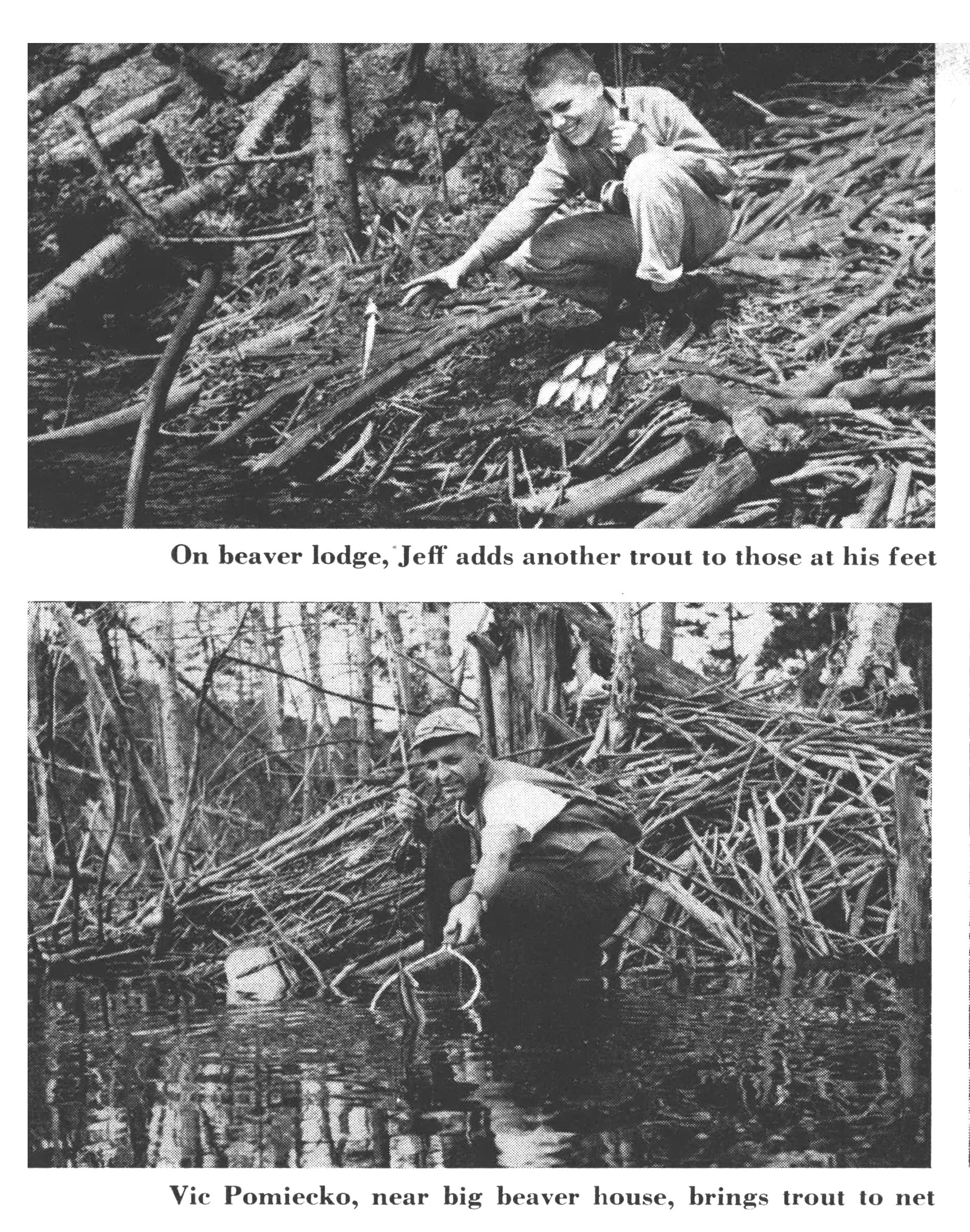 Black and white photos of a boy and a man catching trout from a beaver lodge