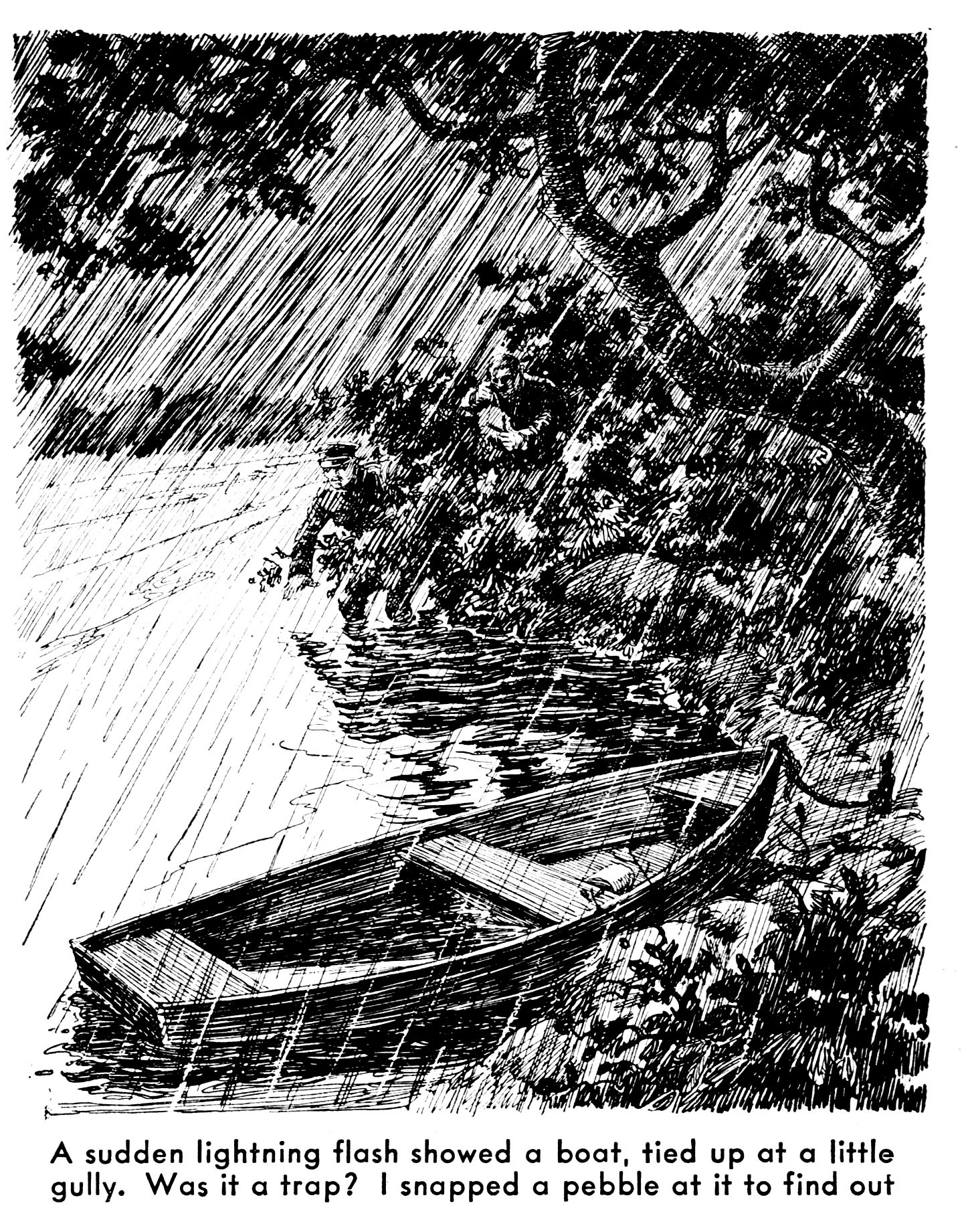 An old illustration of a boat tied up on a bank