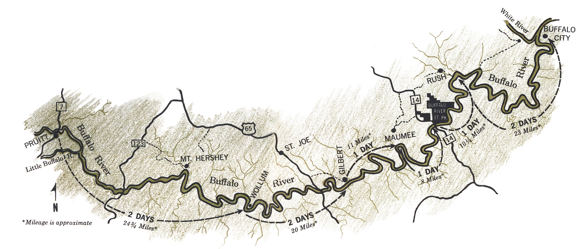 An old hand drawn map of the Buffalo River.