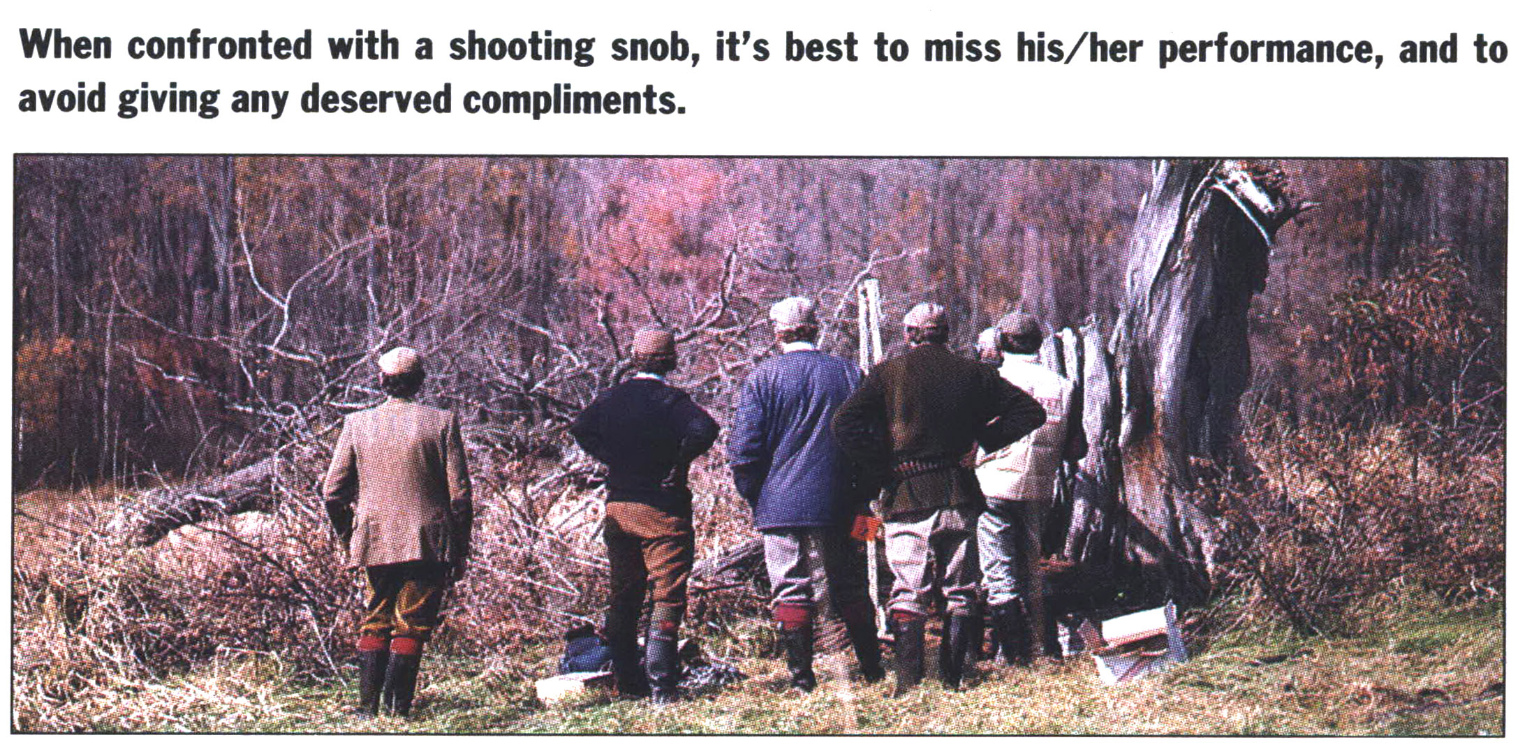 A color photograph of a group of men looking at a clays course.