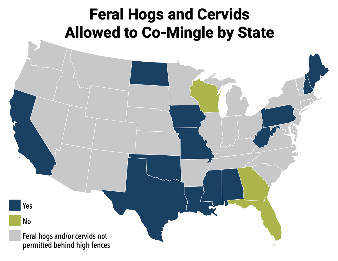 Maps showing feral hog commingling by state.