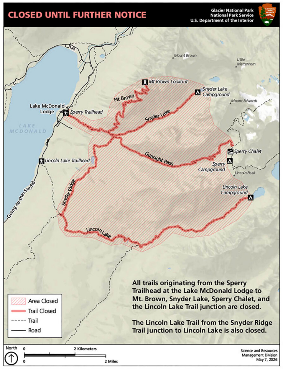 A map of a closed area in Glacier National Park.