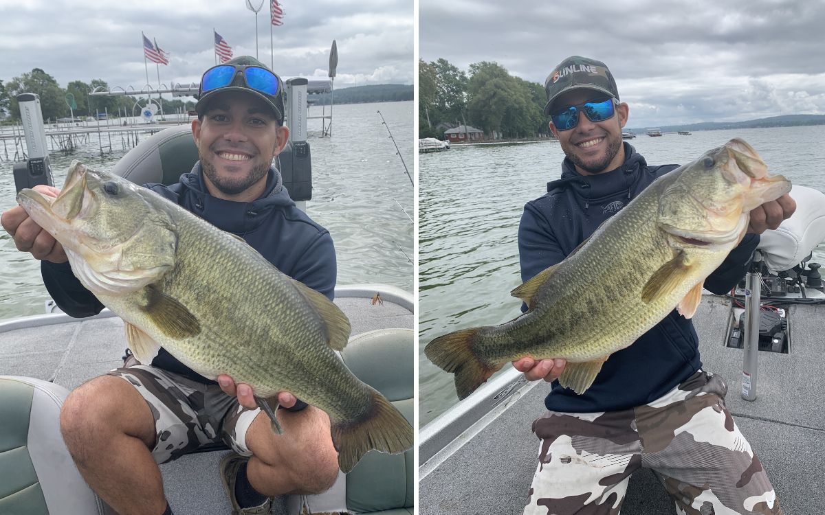 An angler holds up two giant largemouth he caught from under a dock.