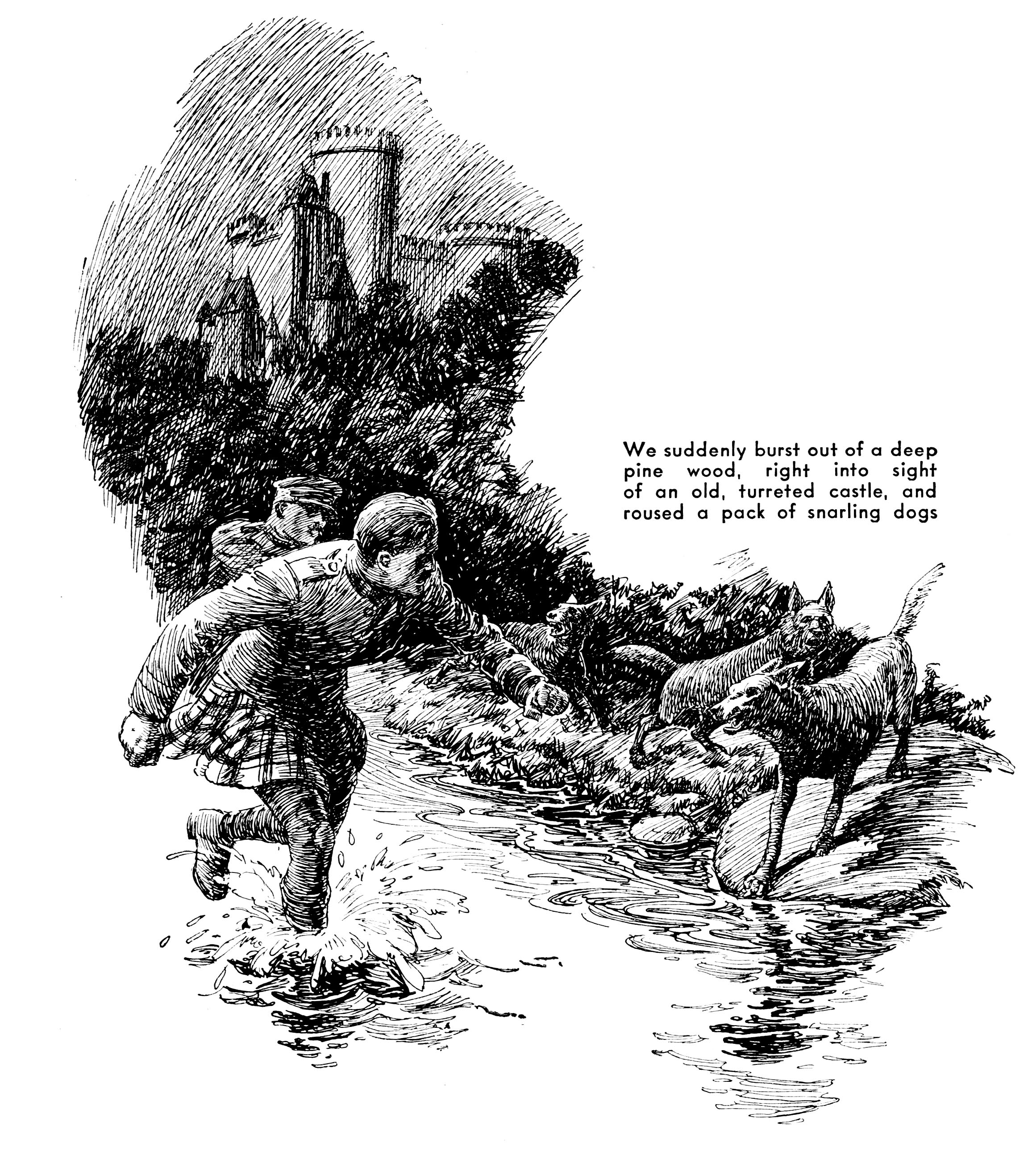 A black and white illustration of men escaping dogsby a castle