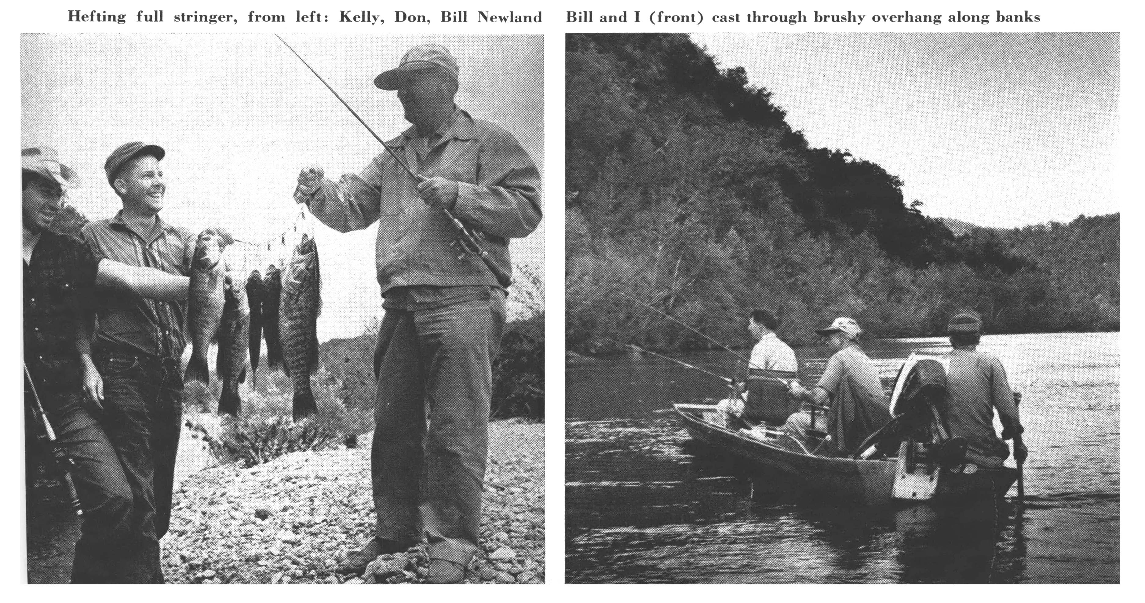Old black and white photographs of men fishing on the river.