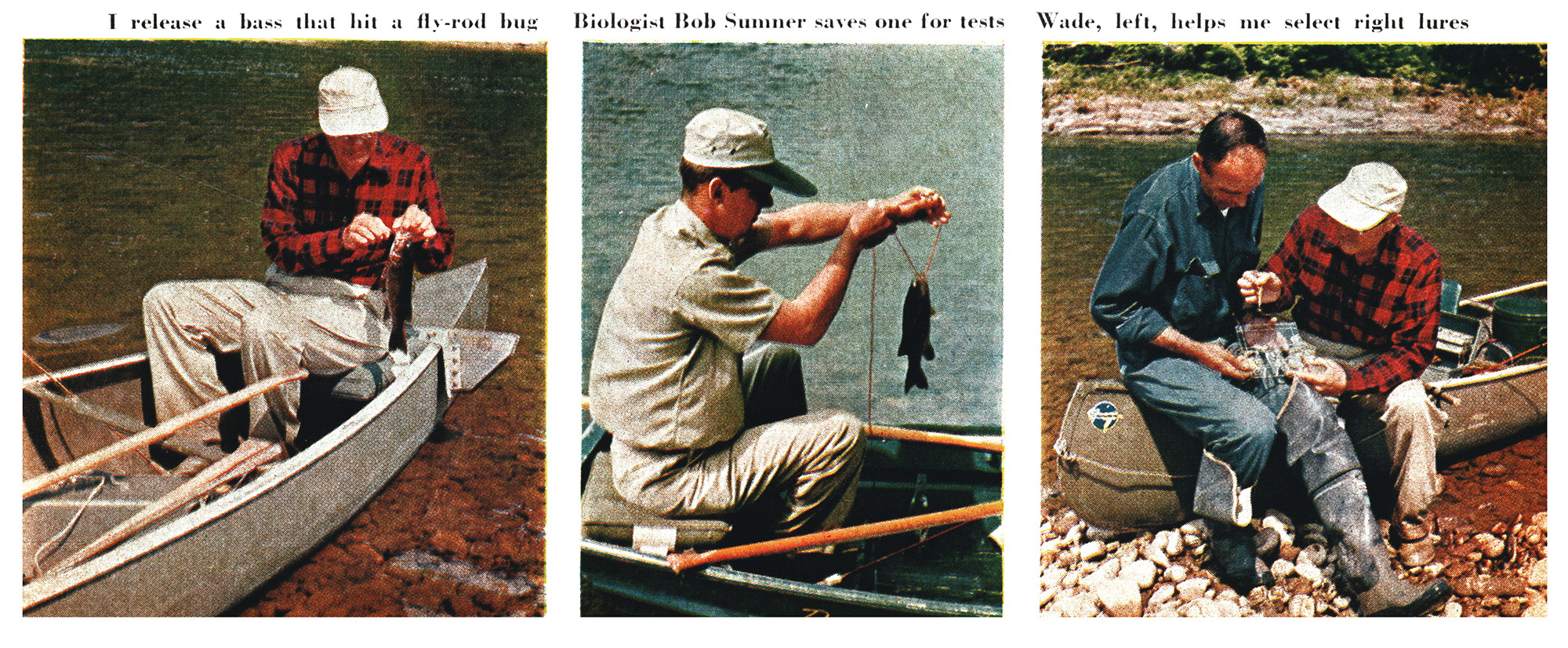 Three color photos of men fishing in West Virginia