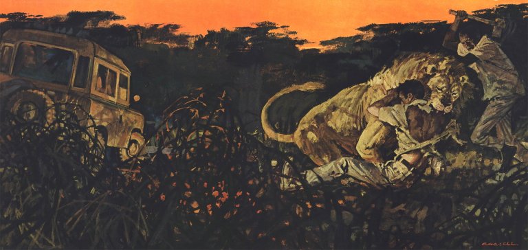 An illustration of a lion attacking a man on safari.