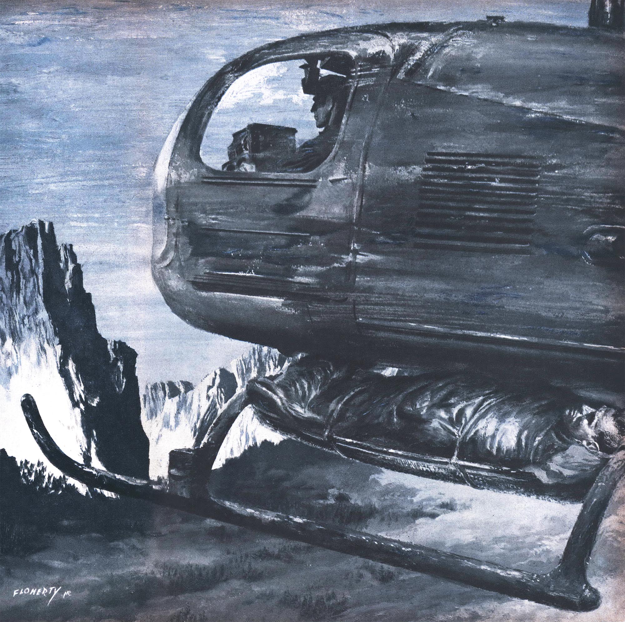 An illustration of a blueish helicopter rescue scene.