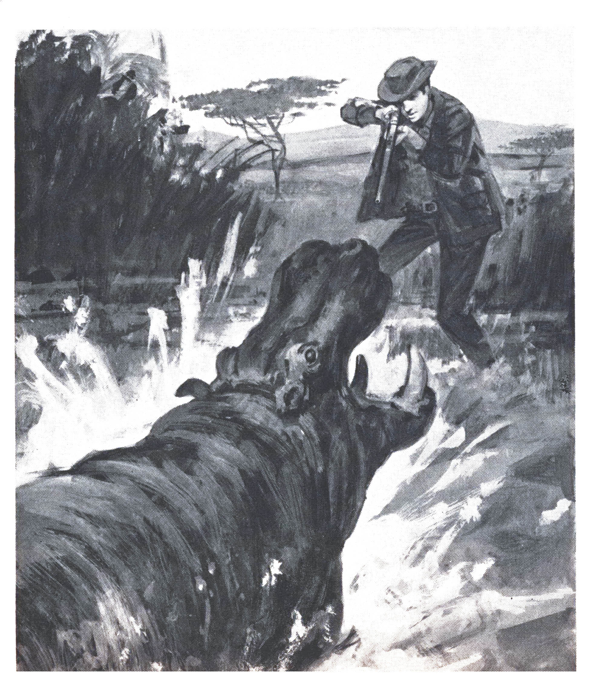 A black and white illustration of a hunter facing down a hippo.