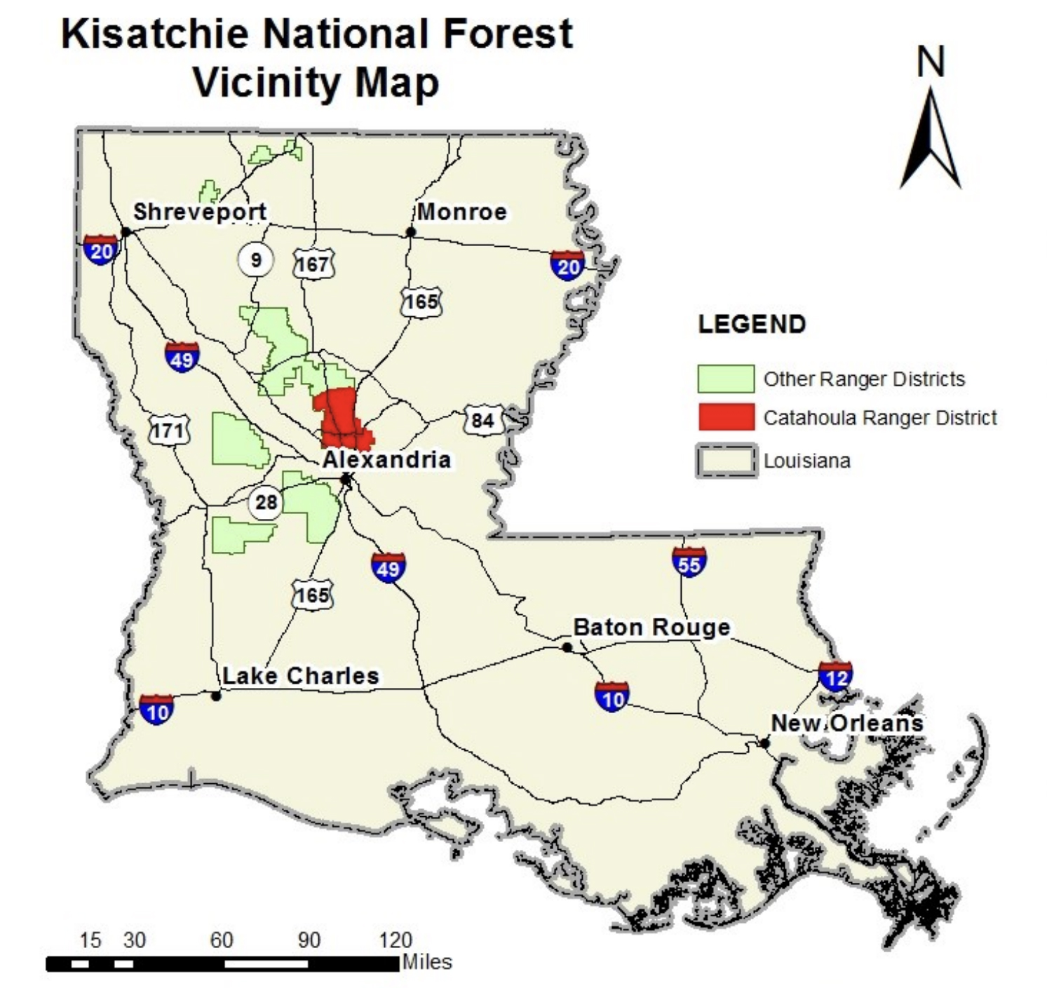 A map of Grant Parish national forest land.