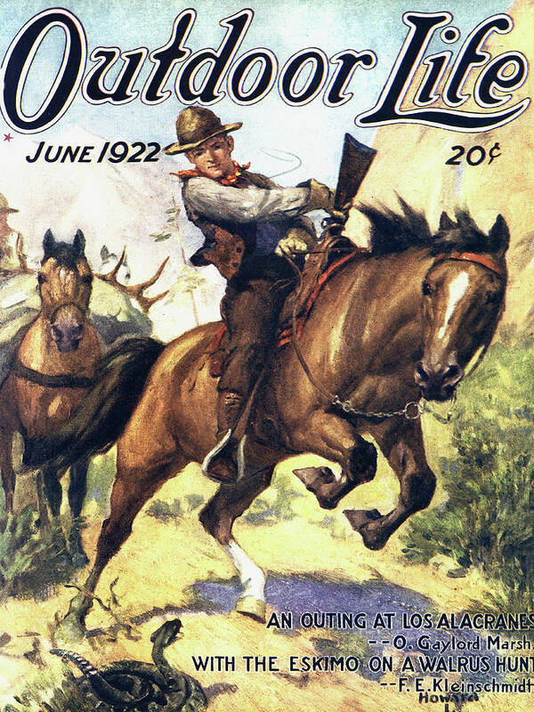 The June 1922 issue of Outdoor Life shows a cowboy pulling a rifle out of his saddle to shoot a rattler.