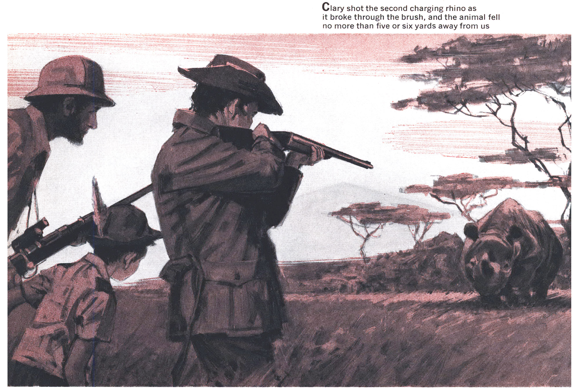 A reddish illustration of a hunter facing down a rhino.