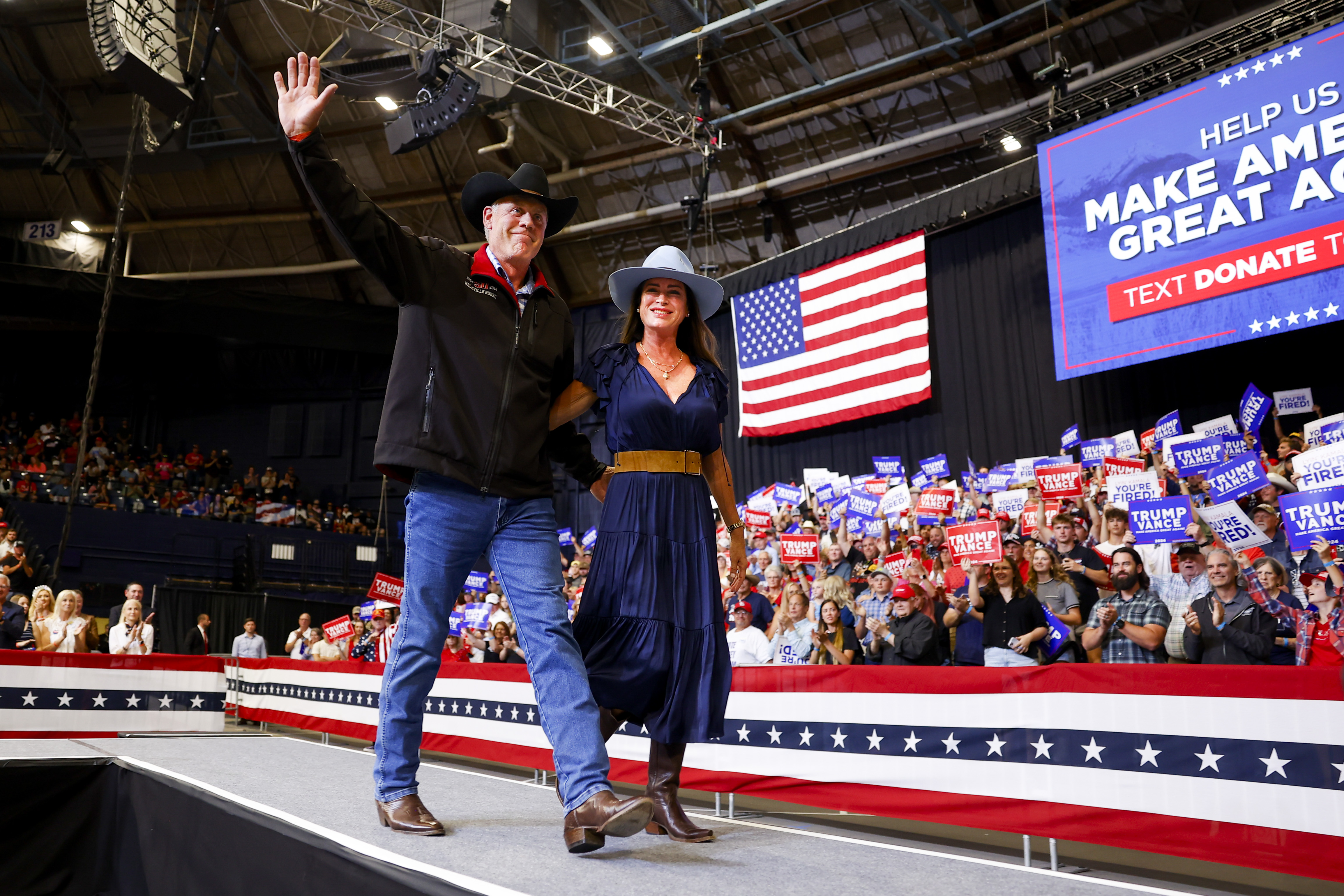 BOZEMAN, MONTANA - AUGUST 09: U.S. Rep. Ryan Zinke (R-MT) and his wife, Lolita Zinke, walk off the stage after speaking during a rally for Republican presidential nominee, former U.S. President Donald Trump at the Brick Breeden Fieldhouse at Montana State University on August 9, 2024 in Bozeman, Montana. (Photo by Michael Ciaglo/Getty Images)