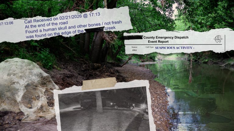 A photo illustration of human remains found in a creek.