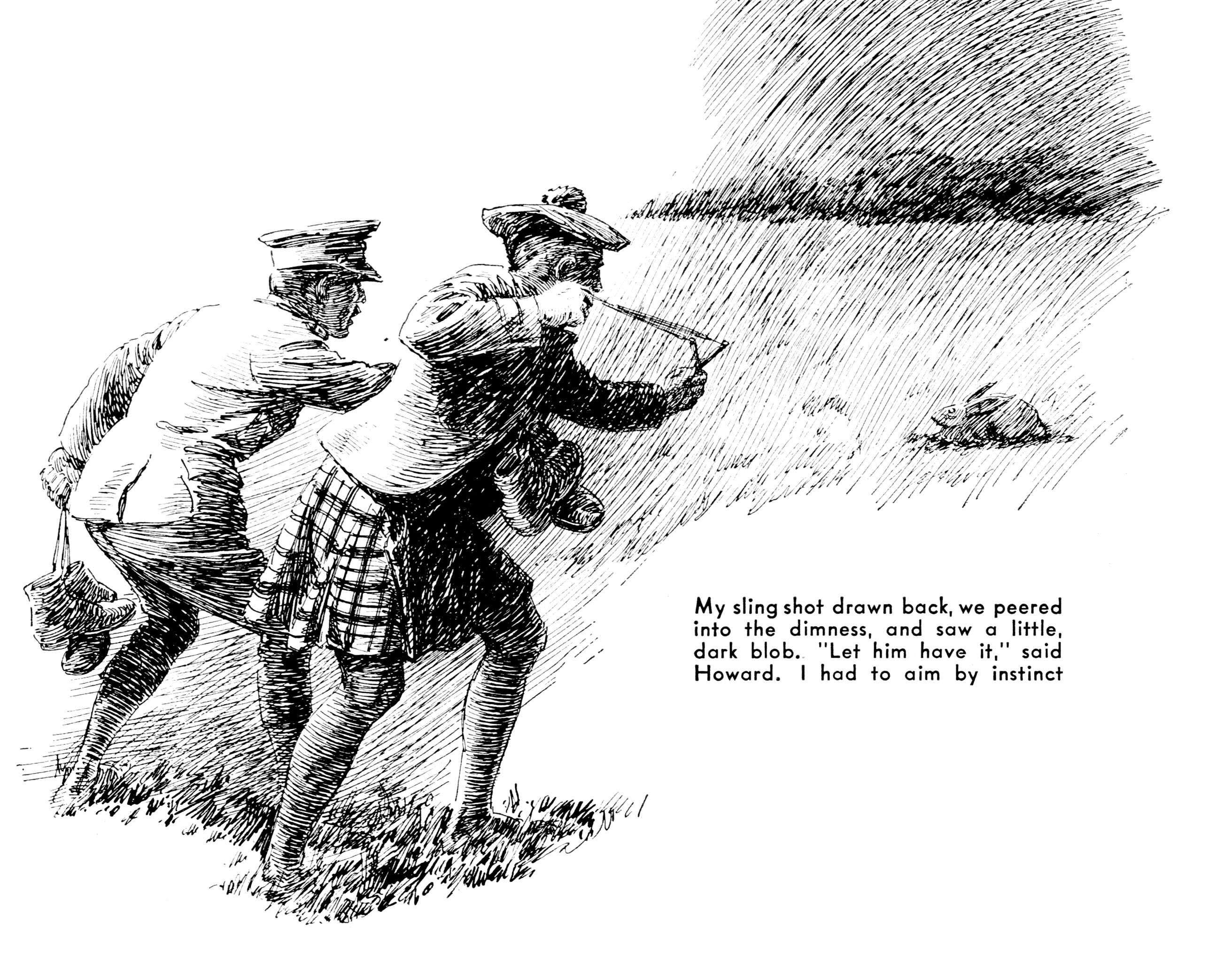 An old illustration of two men with a slingshot