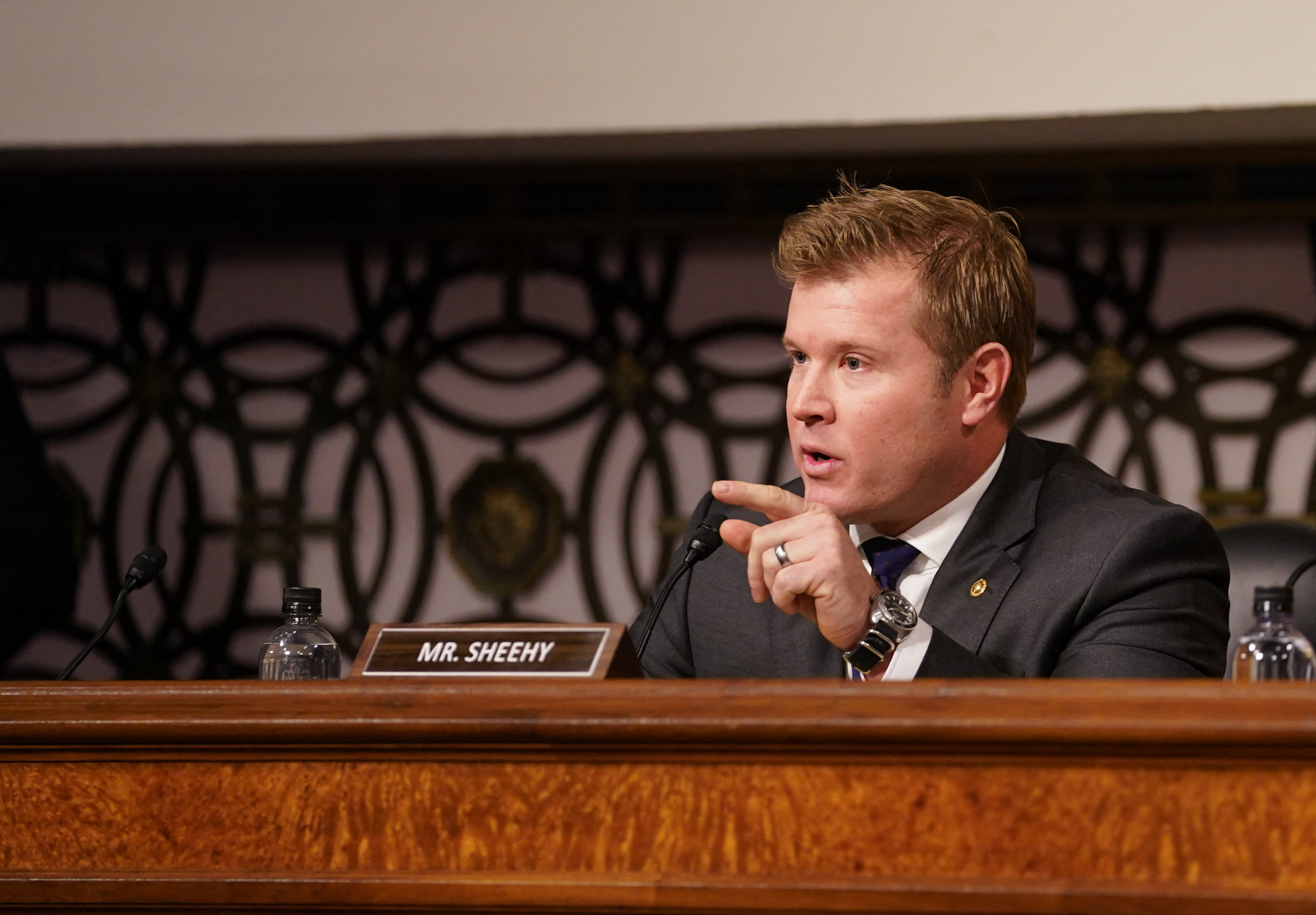 Senator Tim Sheehy, Republican of Montana, questions Pete Hegseth, US President-elect Donald Trump's nominee for Defense Secretary, during his confirmation hearing before the Senate Armed Services Committee on Capitol Hill on January 14, 2025 in Washington, DC. (Photo by ALLISON ROBBERT / AFP) (Photo by ALLISON ROBBERT/AFP via Getty Images)