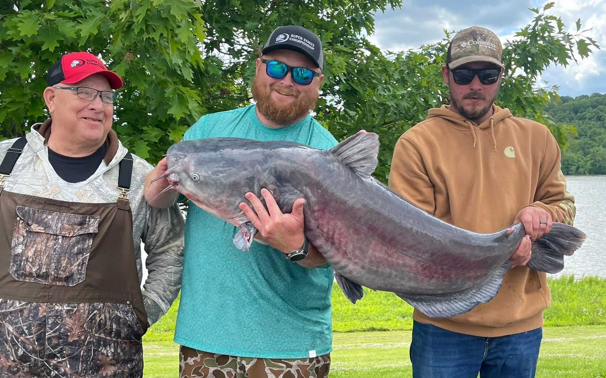 Three anglers with a big catfish.