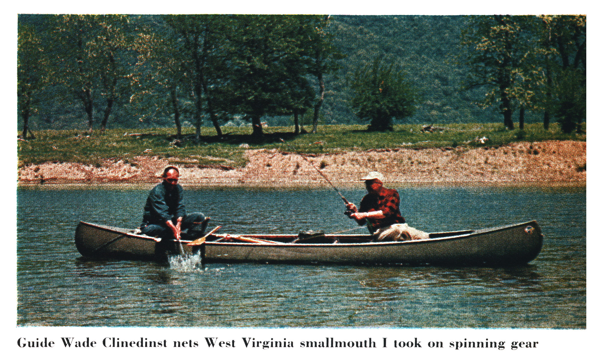 A color vintage photo of a man fighting a bass in a canoe and the other netting it.