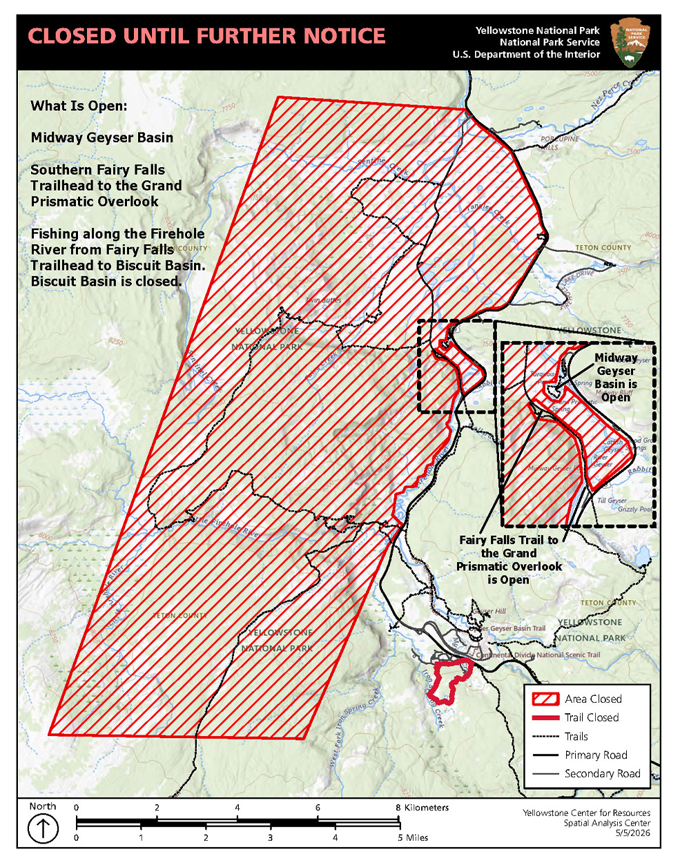 A map showing a closed area in Yellowstone National park.