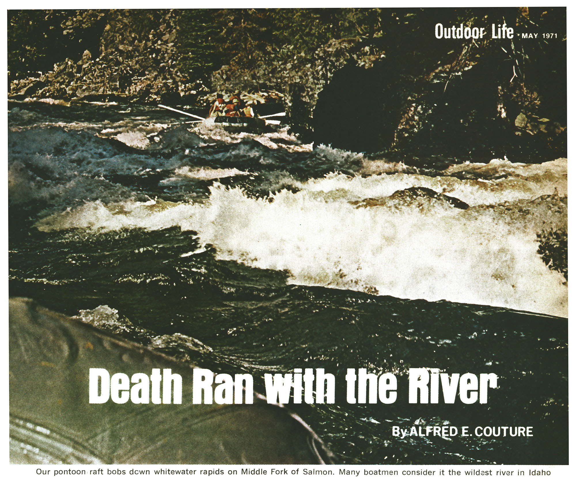 A rubber raft with several people in orange life vests drops through churning whitewater between dark rock walls; the magazine title "Death Ran with the River" is overlaid.