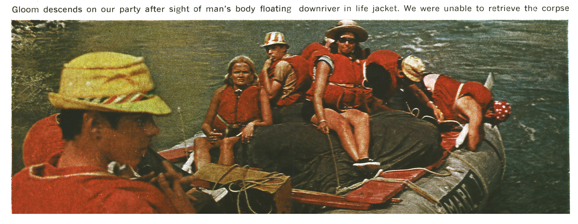 Rafters in red life jackets ride a loaded raft on green water, one leaning over the side, faces somber.