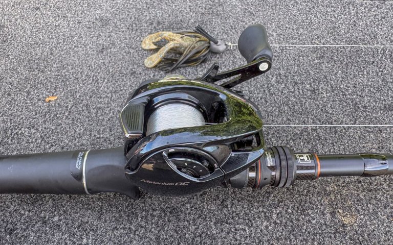 The reel the author uses when fishing a laydown for bass