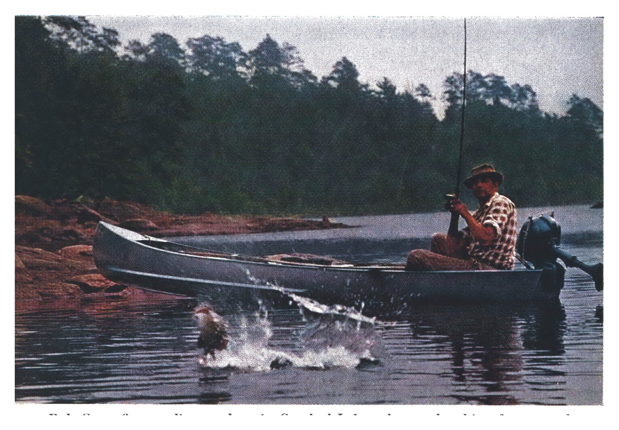 Angler Bob Cary in an aluminum canoe plays a thrashing smallmouth bass that splashes the surface of Crooked Lake.