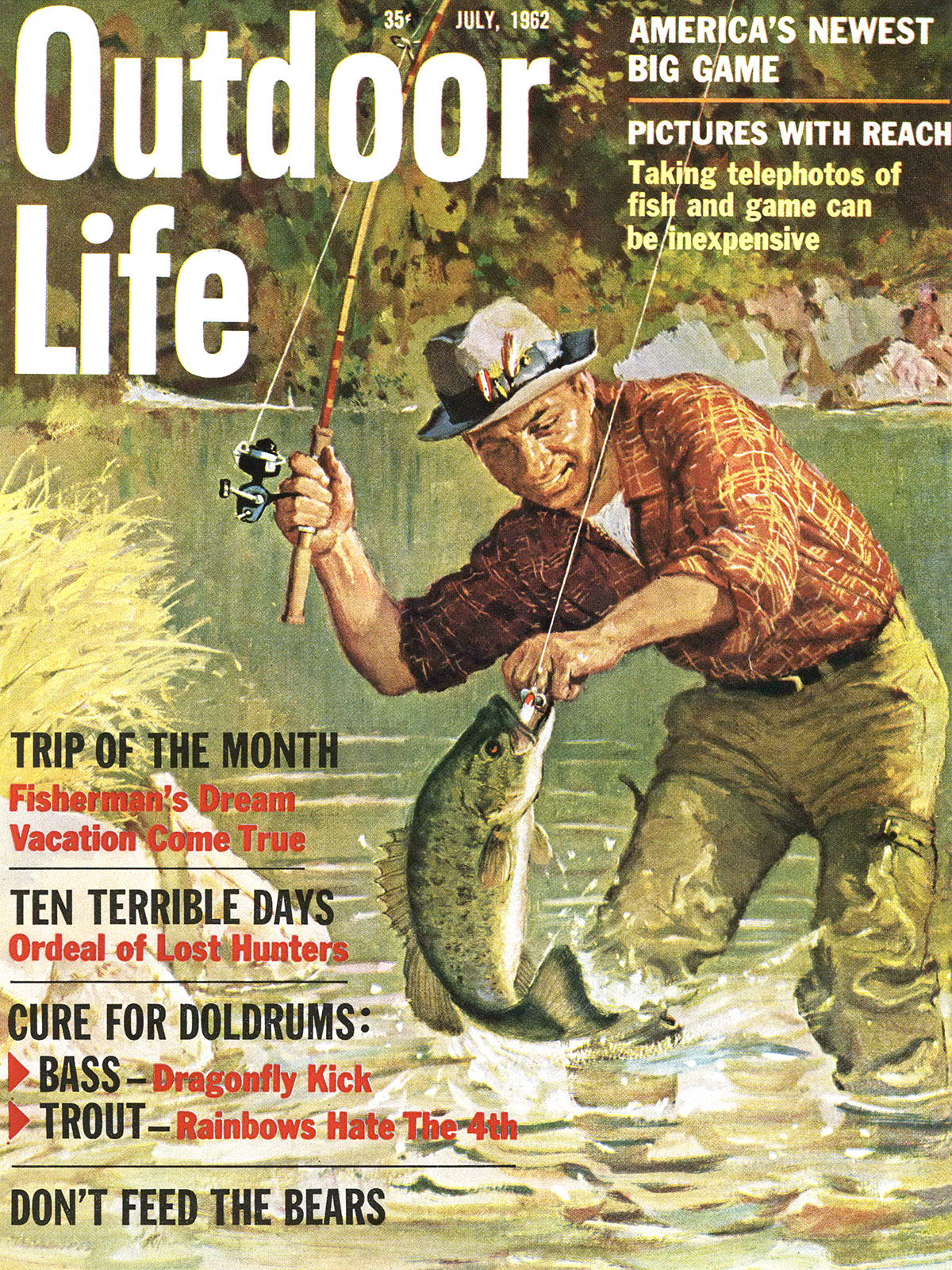 The July 1962 cover of outdoor life magazine, which showed a bass fishing.