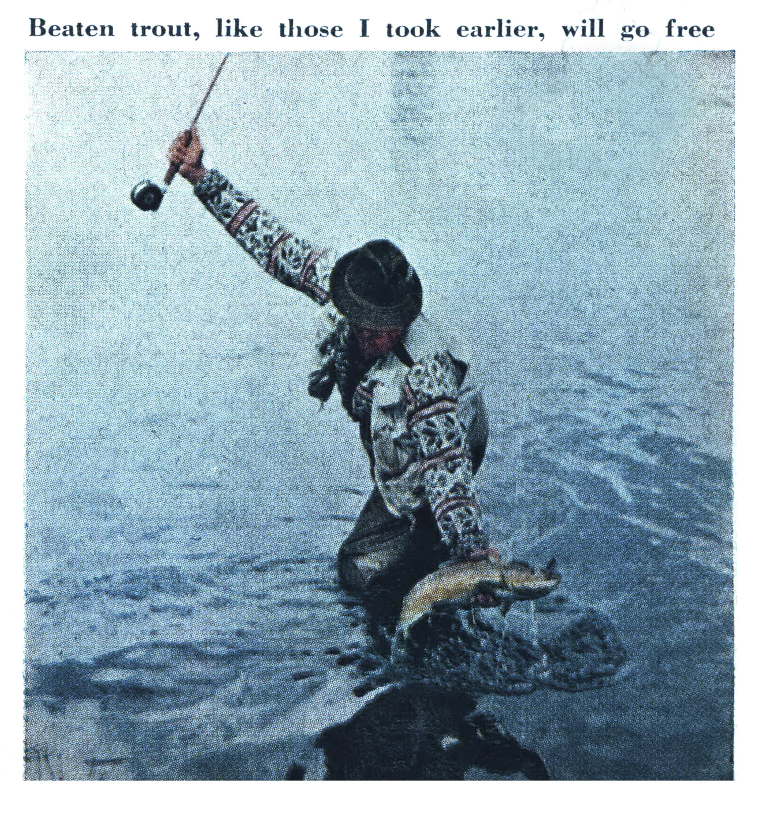 A color film photograph of a fly fisherman catching a trout.