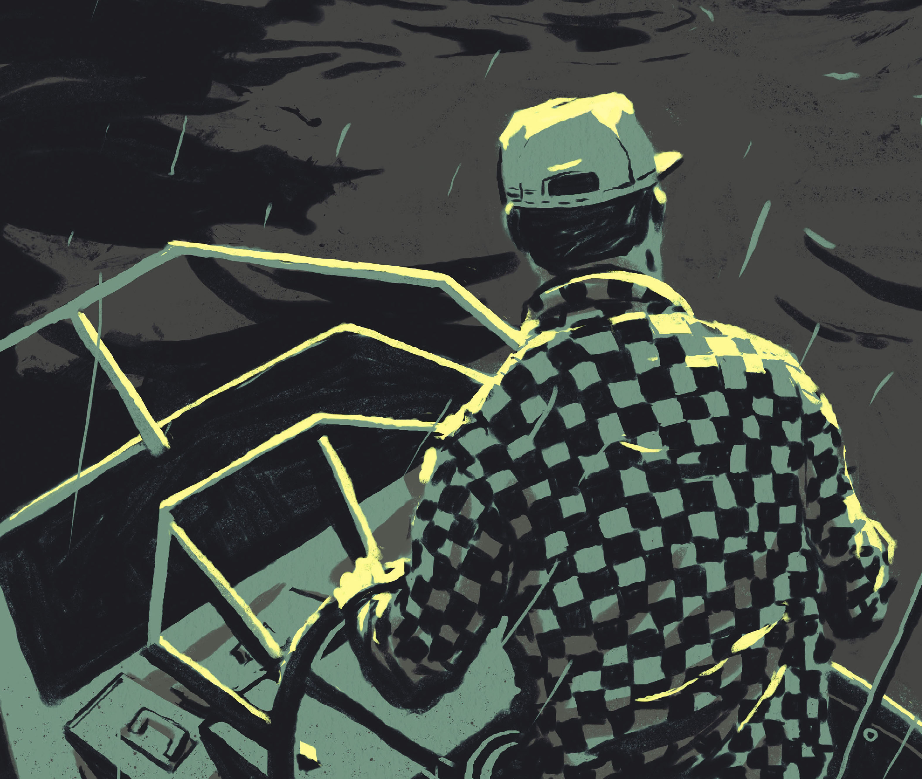 A man in a checked shirt drives a small boat in a storm