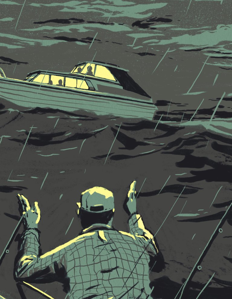 An illustration of a man gesturing madly at a bigger yacht during a storm