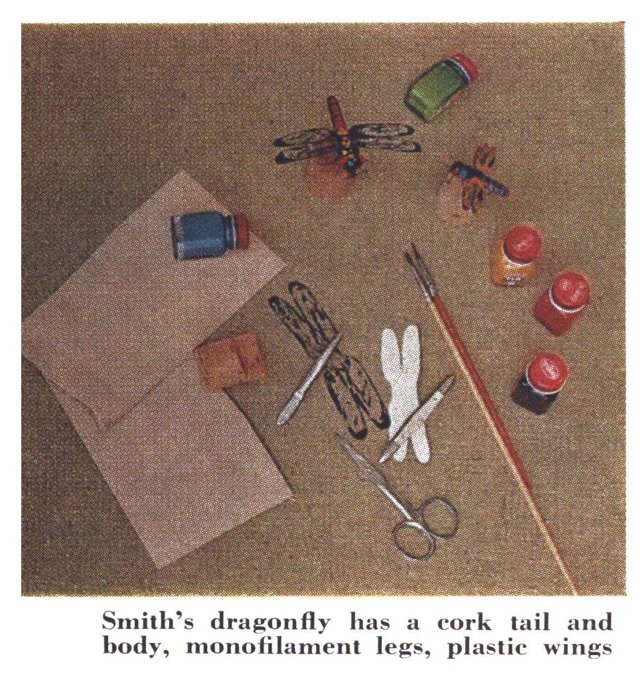 A color film photograph of making homemade dragonfly lures.