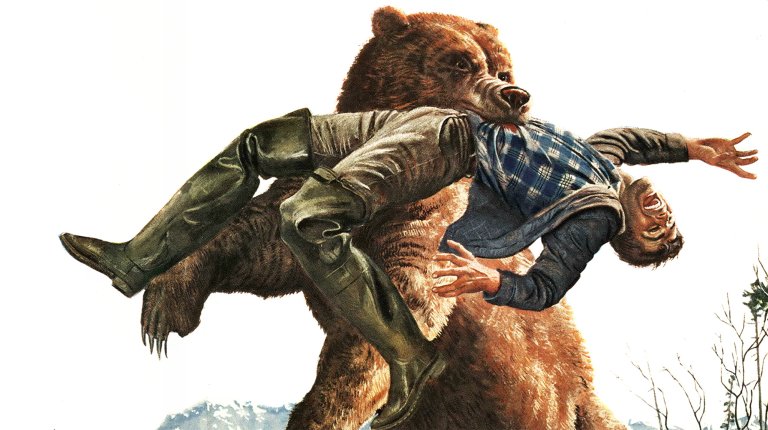 An illustration of a bear shaking a man by the torso.