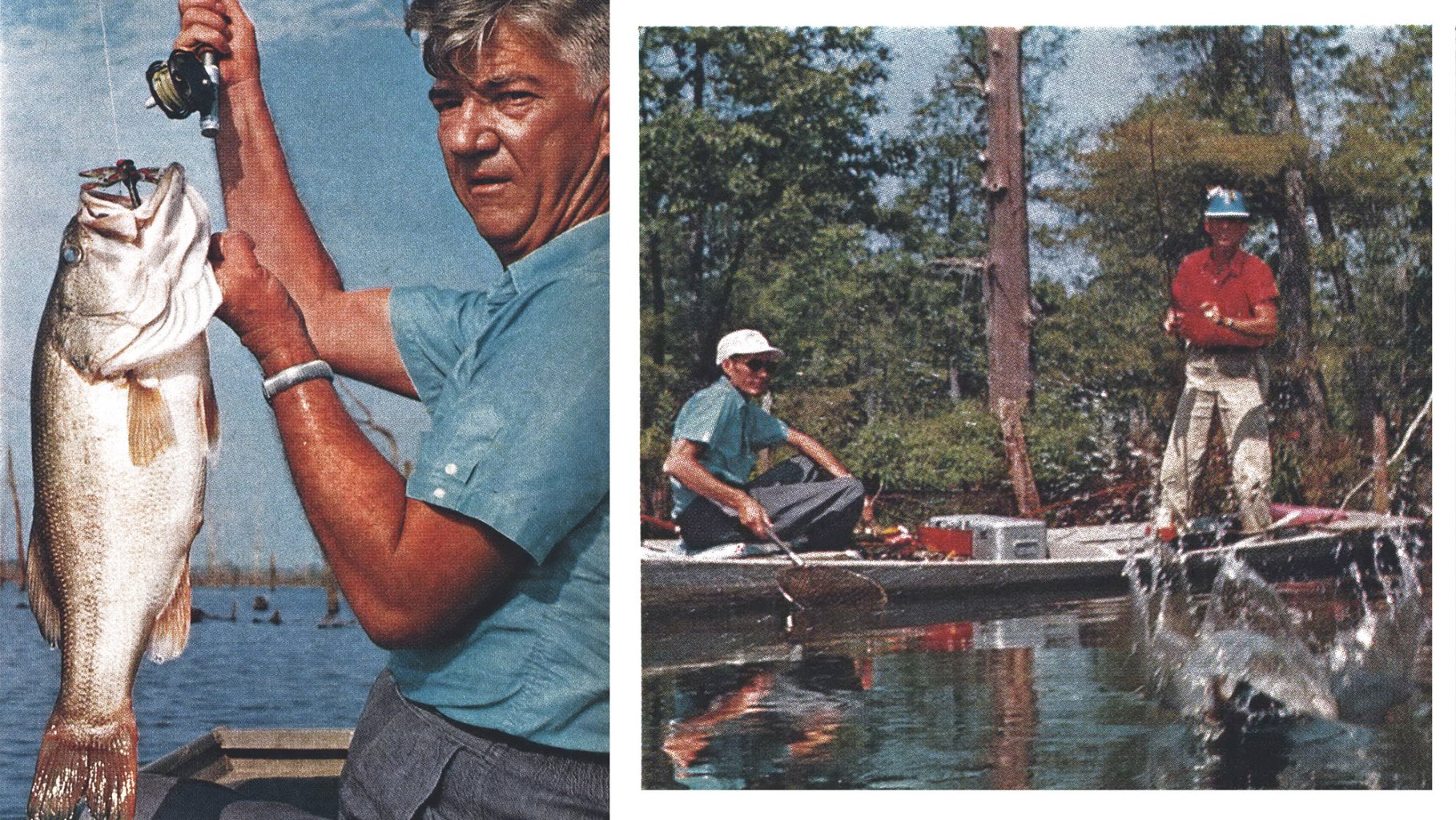 Two color photographs of men bass fishing with dragonfly flies.