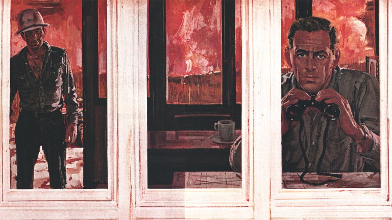 An original color painting of a firetower lookout watching the flames of a wildfire