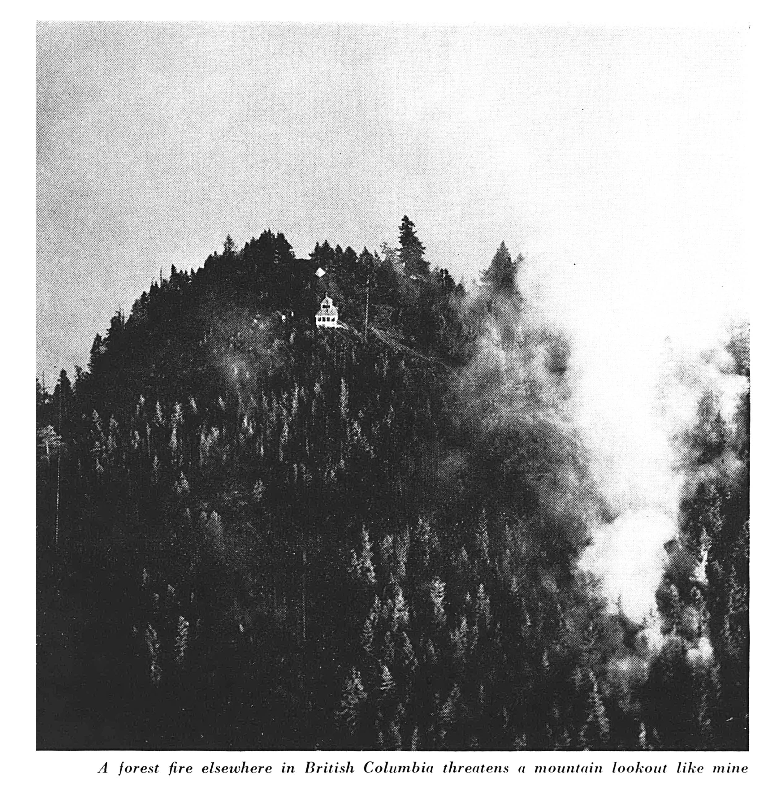 BW photo of smoke rising from burning forest on steep hillside with small lookout structure visible at summit. 