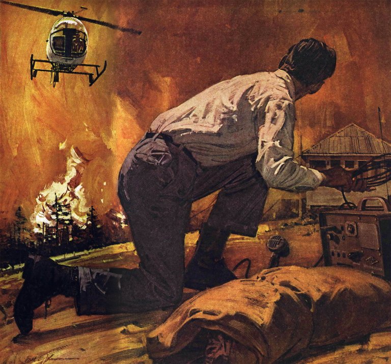 Full-color oil painting by Bill Johnson. Helicopter descending toward a burning mountainside, viewed from below with man crouching over radio equipment in foreground; lookout building visible through smoke and flames in background.