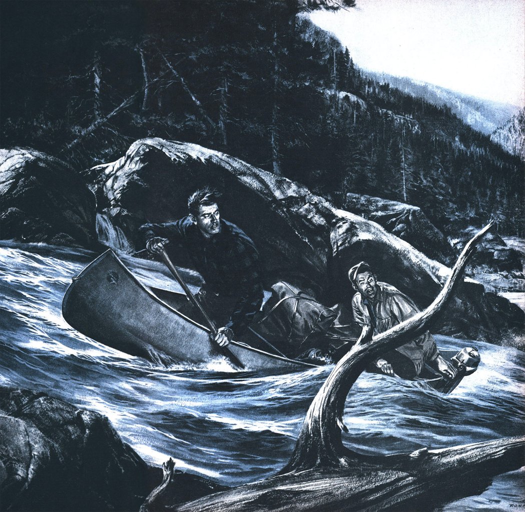A blue illustration of two men in a canoe on the river.