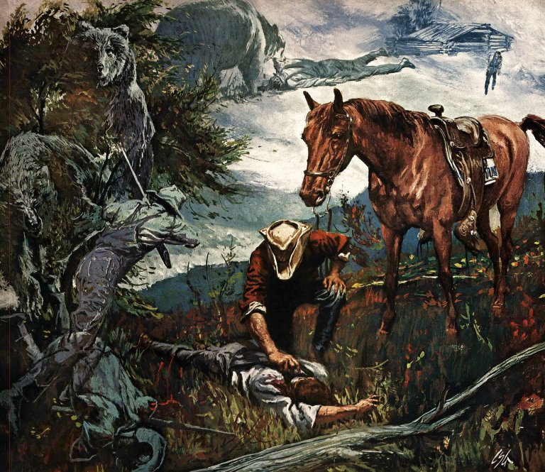An illustration of a man touching a bear attack victim while his horse stands nearby from outdoor life