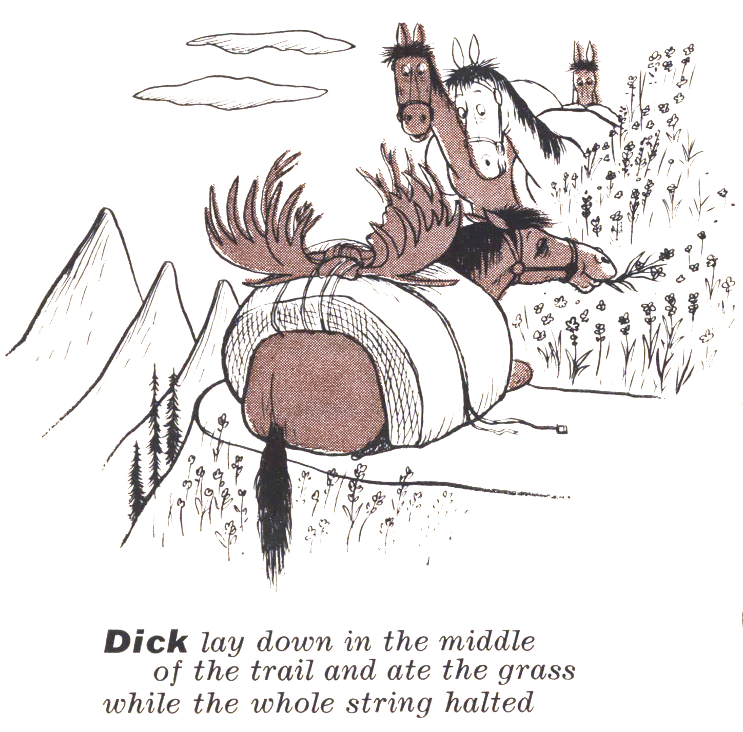 A cartoon illustration of a packhorse sitting on a trail eating.