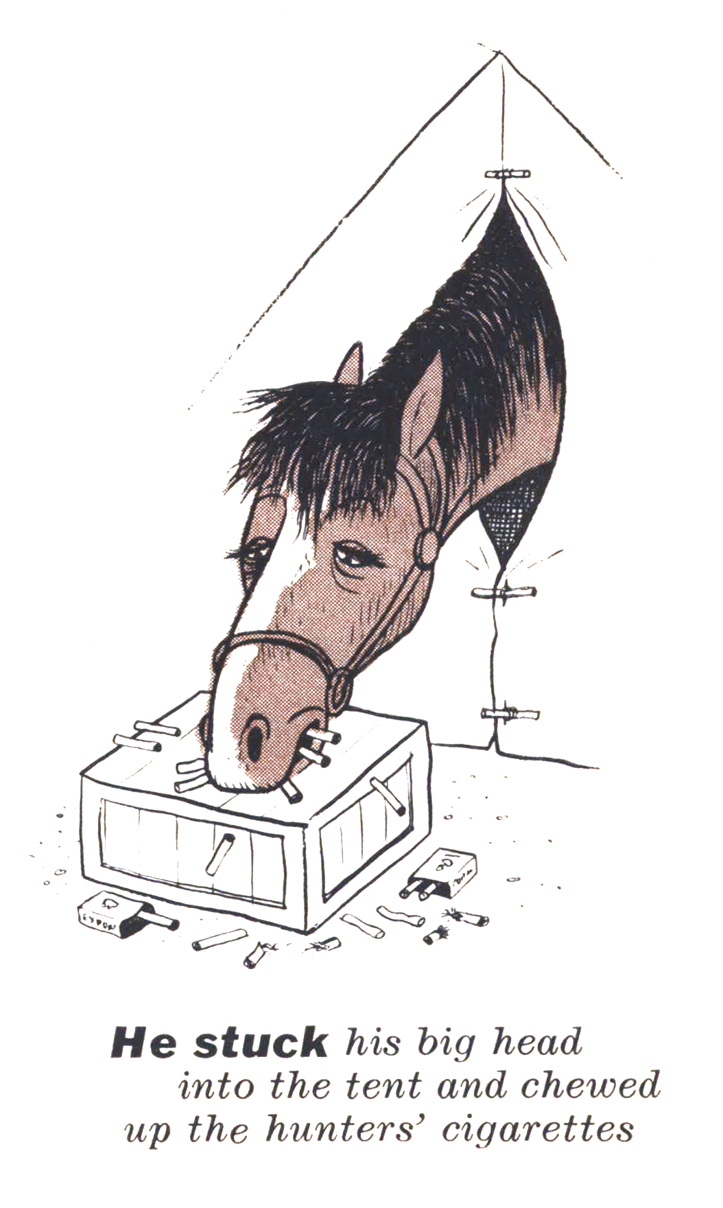 A cartoon illustration of a horse eating cigarettes out of a tent.