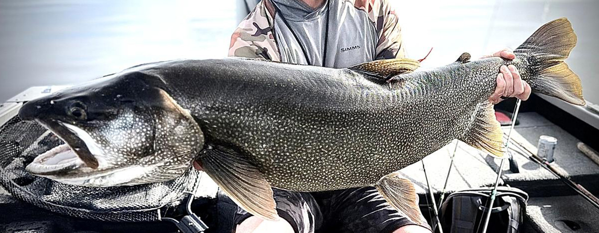 Close-up of a lake trout being caught by a fisherman.