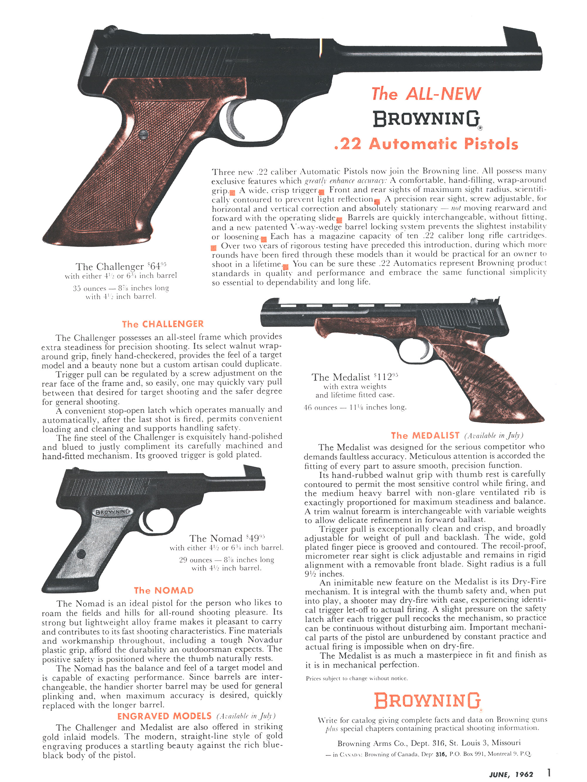 A Browning Auto pistol gun ad from the pages of Outdoor Life magazine