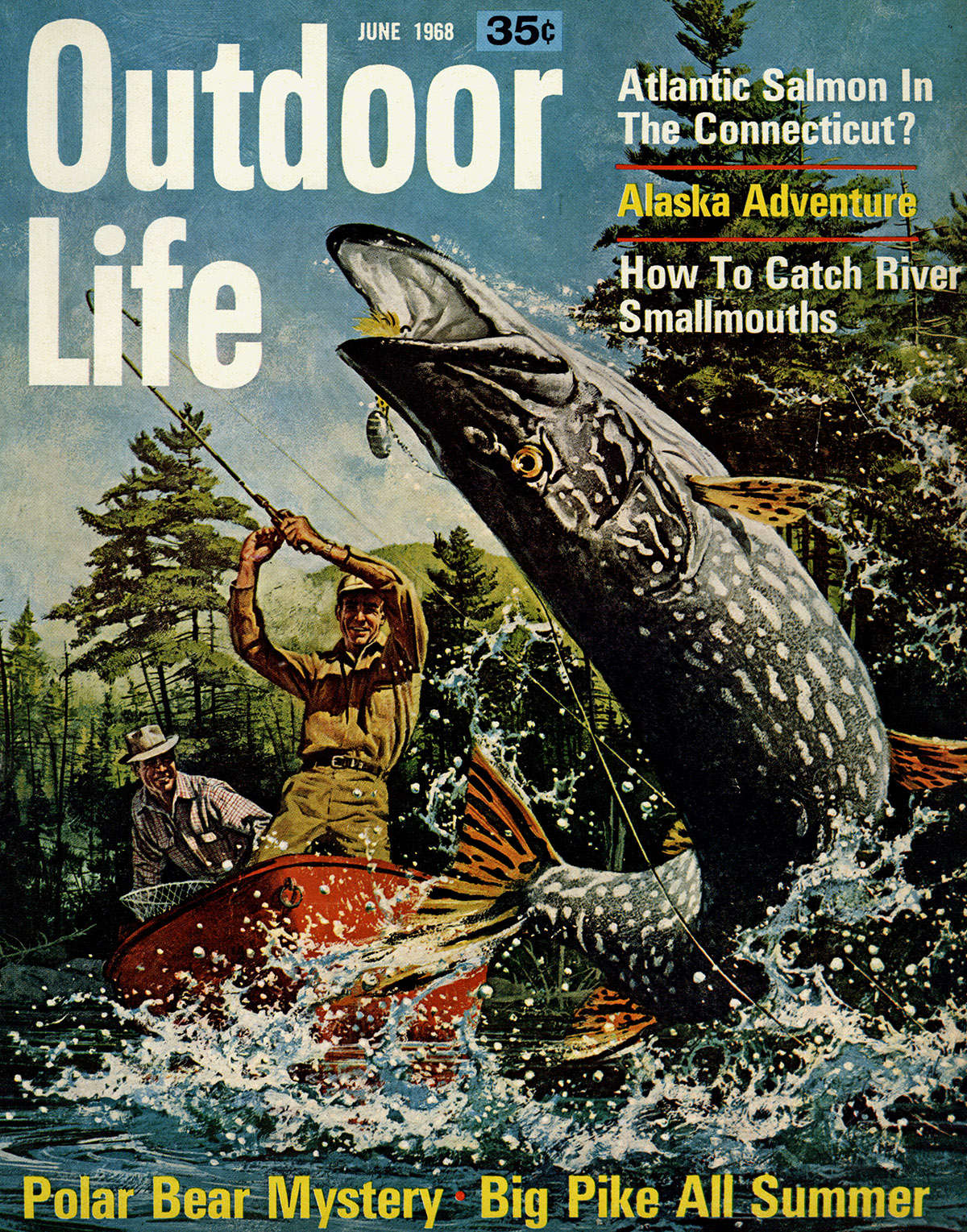 A vintage June 1968 cover of Outdoor Life magazine featuring a jumping northern pike