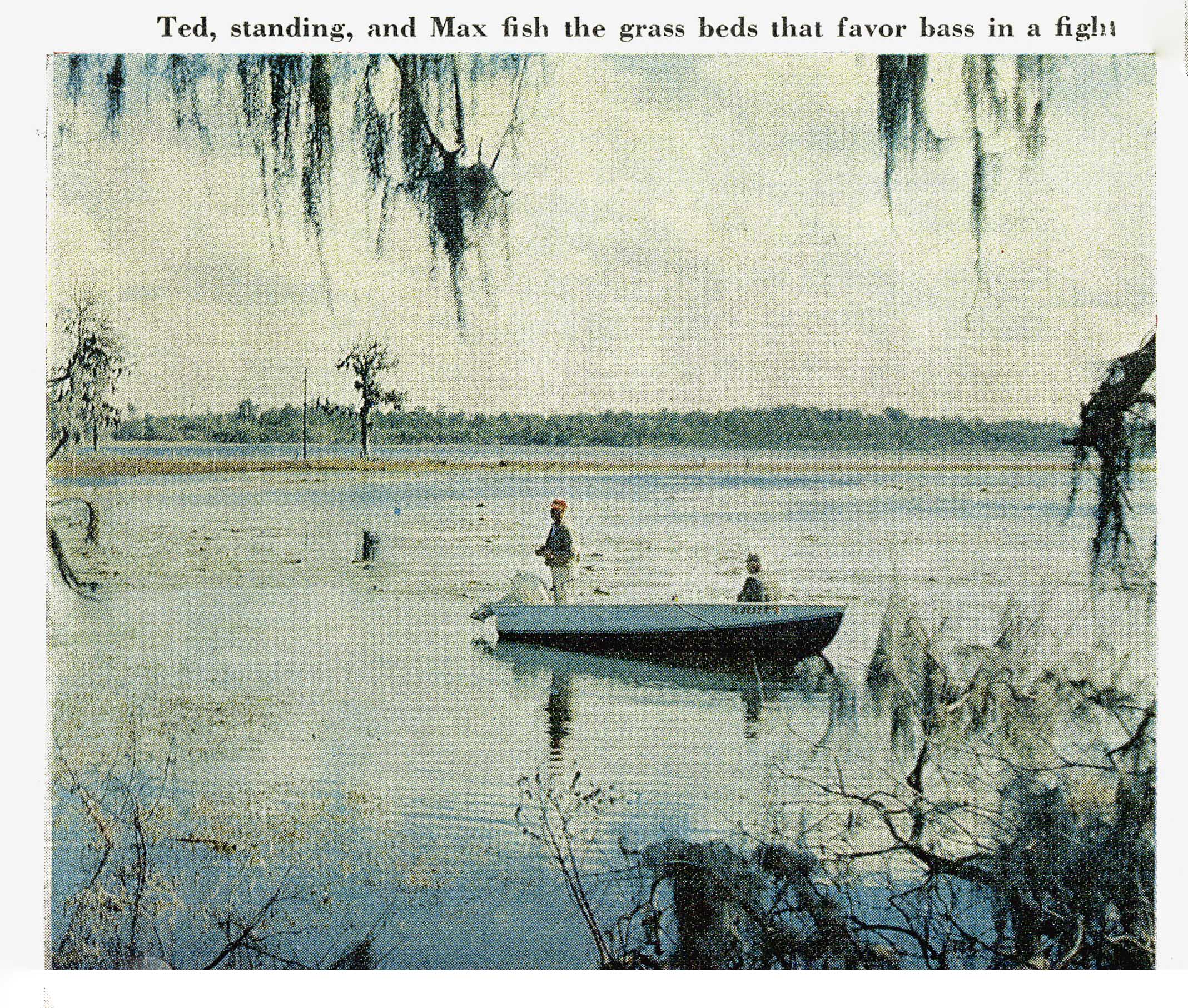 A vintage color film photo of fishermen on a boat, framed by spanish moss.