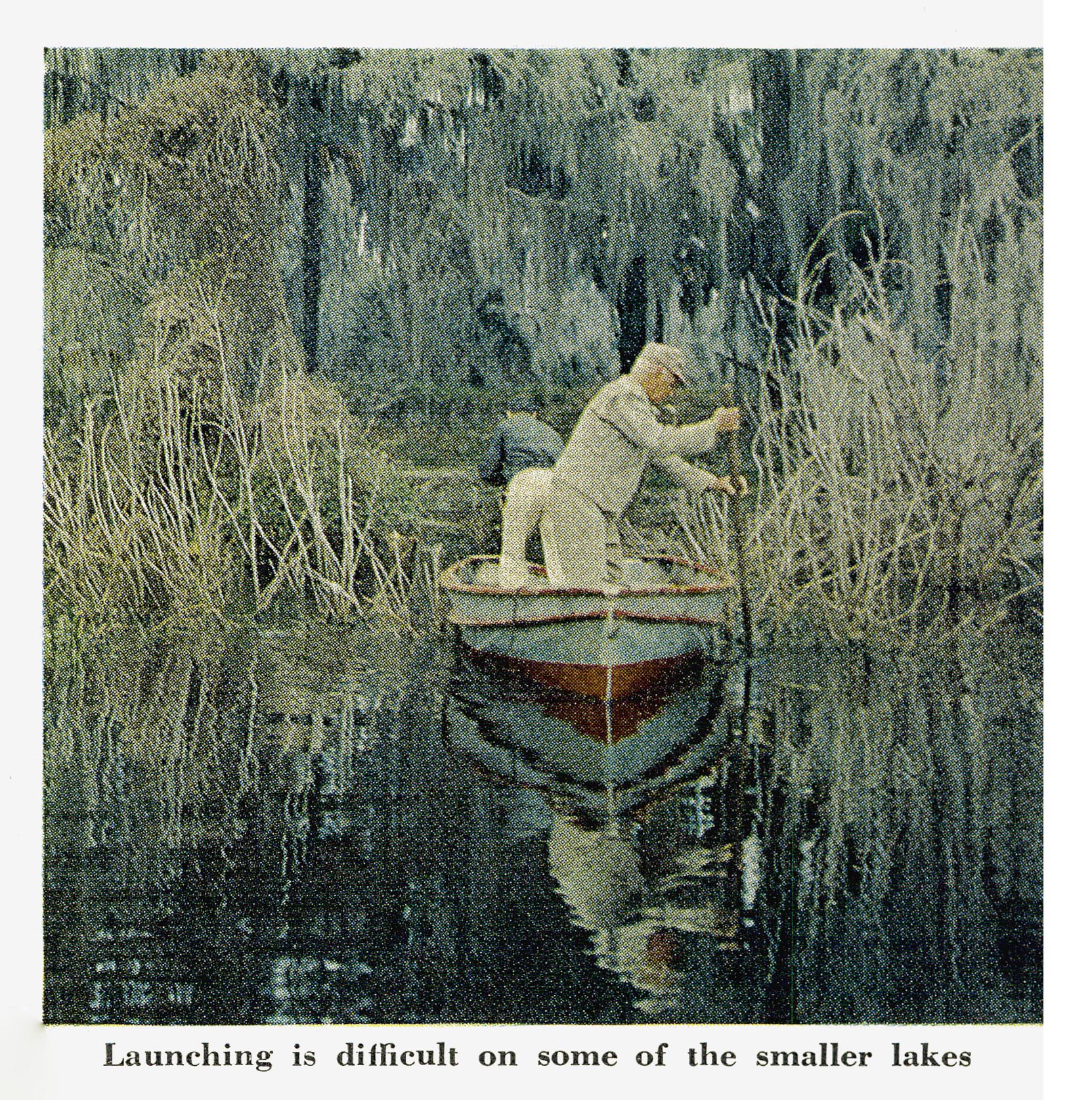 A vintage color film photo of a boat launching in a small lake.
