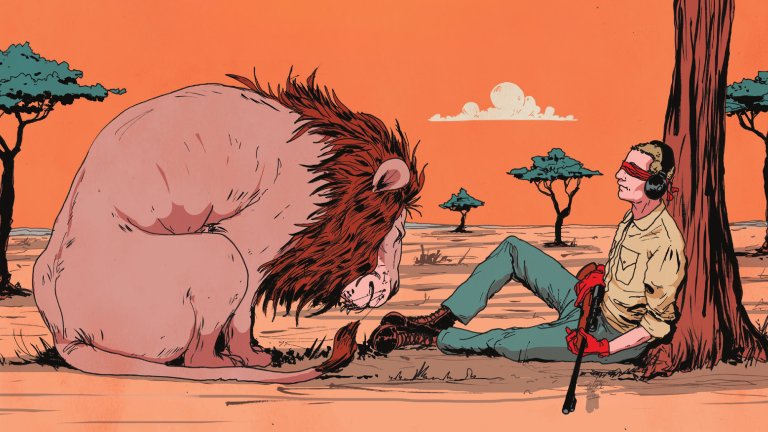 A orangish original hand-drawn illustration of a blindfolded man sitting at the base of a tree with a big African lion in front of him.