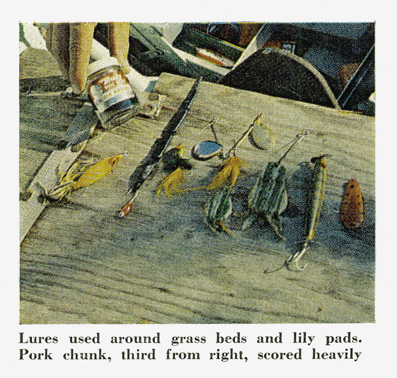 A vintage color film photo of bass lures