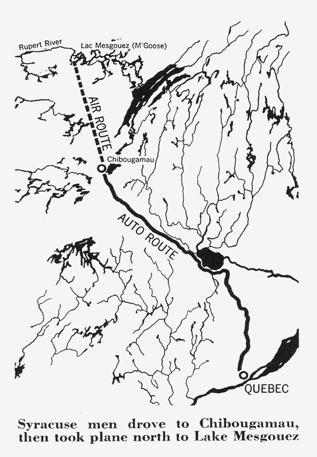 A line map of northern Quebec showing the auto route to Chibougamau and the air route north to Lac Mesgouez.
